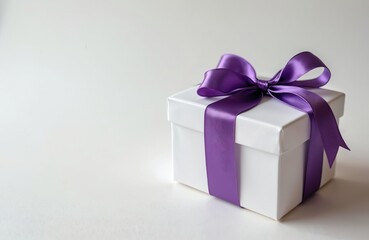 White gift box tied with lush purple satin ribbon in perfect bow on bright backdrop. Minimalist present for holiday. Luxury concept for birthday anniversary wedding celebrations. Romantic surprise.