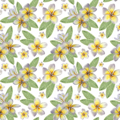 Obraz premium Seamless pattern with watercolor plumeria flowers in yellow and lilac tones with green leaves, arranged on white background. Perfect for textiles, packaging, cosmetics, and summer product branding.