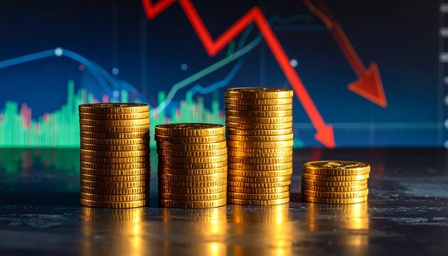 Descending stacks of coins mirroring a falling economic financial graph