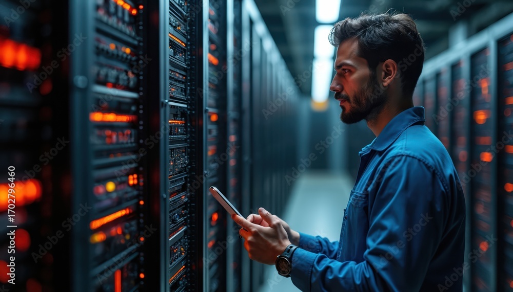 Poster technician monitors server room operations with tablet. man checks data storage infrastructure, netw