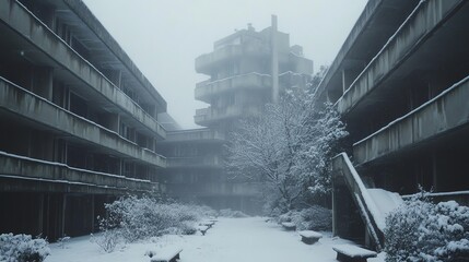 Gloomy winter scene with snow-covered buildings. Abandoned architecture shrouded in mist. Cold, desolate, and atmospheric.