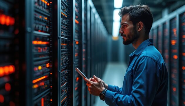 Technician monitors server room operations with tablet. Man checks data storage infrastructure, network equipment performance. Information technology pro ensures system maintenance, connectivity, - Powered by Adobe