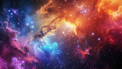 A vibrant nebula, swirling with hues of orange, red, blue, and purple, speckled with countless stars, creating a cosmic landscape of ethereal beauty and immense scale
