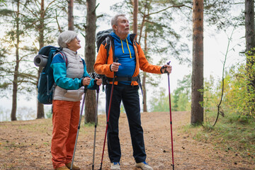 Hiking tourism adventure. Senior couple man woman enjoying outdoor recreation hiking in forest. Happy old people backpackers hikers enjoy walking hike trekking tourism active vacation beauty of nature