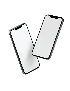 Two modern smartphones, black, with blank screens, appear to float in the air.  They are angled, positioned slightly apart.