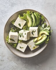 Overhead shot of a bowl with tofu cubes, avocado slices, and lettuce.  The tofu is lightly seasoned and arranged neatly, contrasting with the vibrant green of the avocado and lettuce