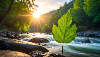 Lush leaf by a flowing river at sunset