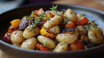 Close-up of a bowl filled with roasted vegetables and herbs. The dish is colorful and appetizing, perfect for a healthy meal.
