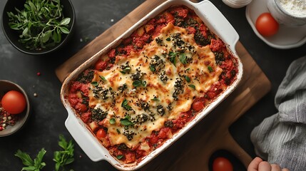 A delicious lasagna dish, fresh from the oven, sits on a wooden board. Garnished with herbs and spices, it's a comforting meal.