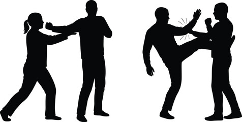 self-defense training, martial arts silhouettes, women self-defense, combat techniques, silhouette fighting, personal safety skills, street defense, kicking technique, punching pose, training fight