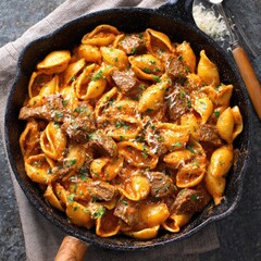 A skillet of shell pasta in a creamy tomato sauce with beef. The pasta is cooked al dente and is topped with grated cheese and fresh parsley