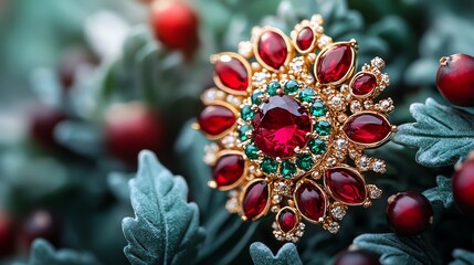 A festive holiday brooch. Gold jewelry with red and green gems, set against frosty leaves and berries.