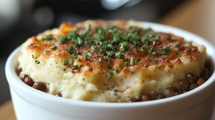 A close-up shot of a delicious shepherd's pie in a white bowl, topped with chives and a golden crust.