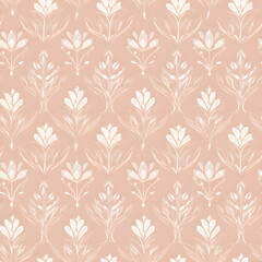 Minimalist Botanical Seamless Pattern in White on Peach Pastel Background for Modern Elegant Wallpaper and Fabric