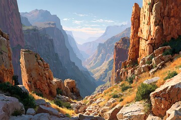 Scenic canyon landscape with towering red cliffs and rocky valley path under clear blue sky and natural sunlight.