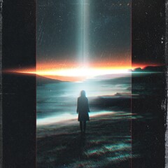 A solitary figure stands before a vibrant, otherworldly sunset, bathed in an ethereal glow emanating from a celestial beam piercing the twilight sky. Glitch effects add a surreal, digital feel