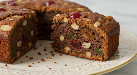Fruitcake with nuts and cherries sliced on decorative plate  