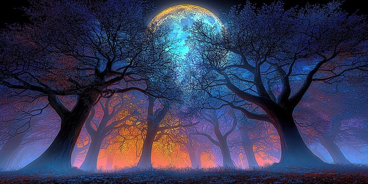 Spooky Halloween night with a wide view of an enchanted forest under a glowing moon and vibrant autumn colors