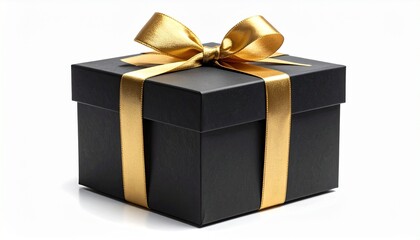 Obraz premium Elegant matte black gift box with glossy gold ribbon and bow, neatly wrapped with crossed bands