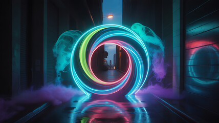 Futuristic Neon Portal with Colorful Smoke