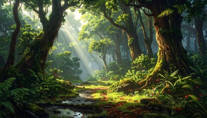 Obraz premium Enchanting Forest Glade with Sunbeams Filtering Through Dense Foliage