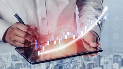 Professional businessman uses a tablet to analyze data trends with graphs in a modern office setting, showcasing the importance of financial analysis and innovation. Copula - Powered by Adobe