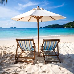 Tropical beach scene with two beach chairs and umbrella