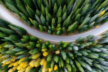 Aerial view reveals winding mountain road, vibrant autumn forest surrounds, green pines mix yellow aspens.