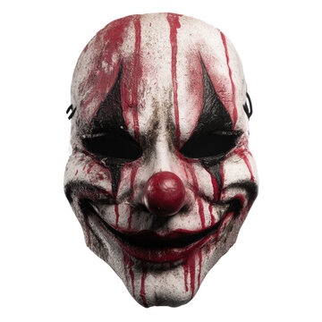 A terrifying white and black clown mask with a red nose, splattered and dripping with fake blood for a horror or Halloween costume.