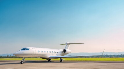 Business jet parked on sunny airport runway with wide blue sky and green grass, symbolizing travel, wealth and freedom.