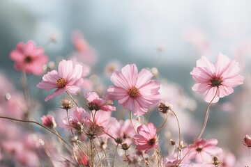 Obraz premium Pink cosmos flowers blooming in field, soft light, floral background, greeting card