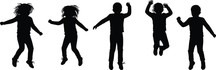 Group of happy kids jumping in air, silhouette of children playing, fun childhood moment, energetic activity, joyful expression, outdoor playtime, child motion capture, fun