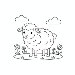 Obraz premium Cute Sheep Coloring Page with Flowers and Clouds, isolated on white transparent background