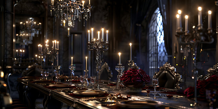 Elegant, candlelit banquet hall set for a lavish feast with ornate decor and red roses - Powered by Adobe