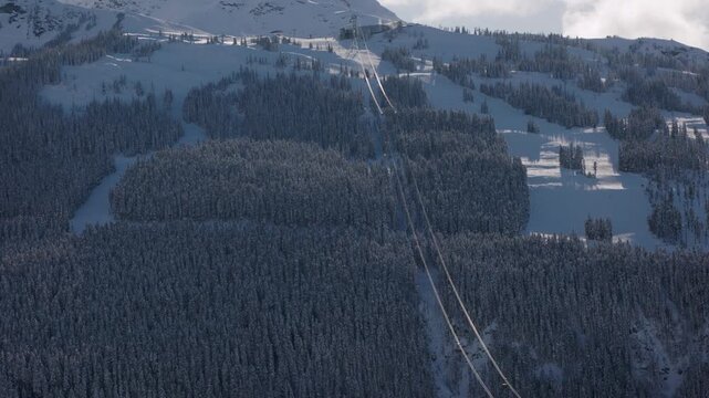 Whistler Mountain Peak2Peak gondola, ski mountain, sunny day, winter, ski hill. 4k 24fps