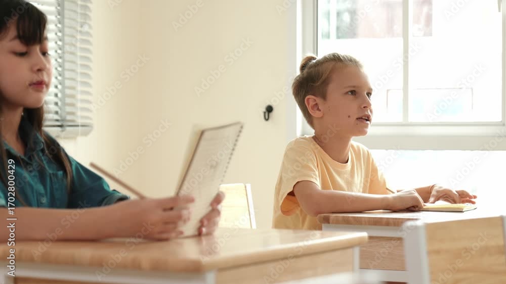 Poster smart student answer teacher's question while sitting at classroom. diverse children learning and st