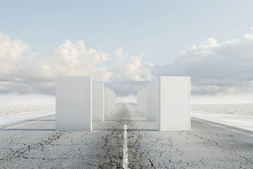 A long, cracked road stretches to a horizon under a cloudy sky, lined with evenly-spaced, tall, white rectangular prisms