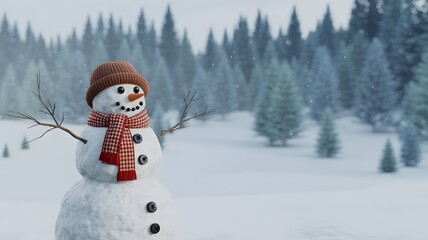 Obraz premium A cheerful snowman wearing a red hat and scarf stands in a snowy forest with pine trees in the background