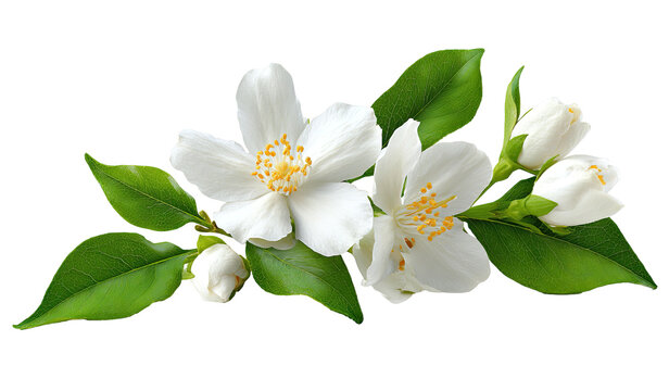 Close-up of white jasmine blossoms with green leaves