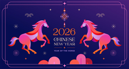 Chinese new year 2026 year of the Horse. Red Horse illustrations with color gradient. Traditional Chinese design for Lunar New Year
