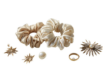 Cream and beige silk hair ties,  pearls, and star-shaped accents