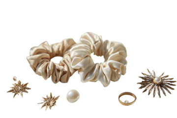 Cream and beige silk hair ties,  pearls, and star-shaped accents