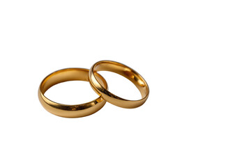 Two gold wedding bands overlap on black background.  Smooth, polished surfaces.  Simple, classic design