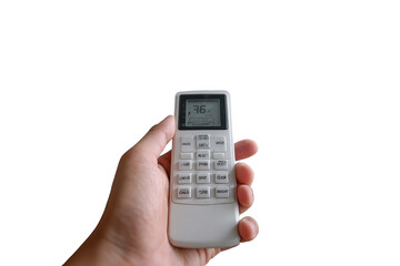 Hand holding a white and gray air conditioning remote control.  A digital display shows a temperature of 36 degrees