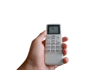 Hand holding a white and gray air conditioning remote control.  A digital display shows a temperature of 36 degrees