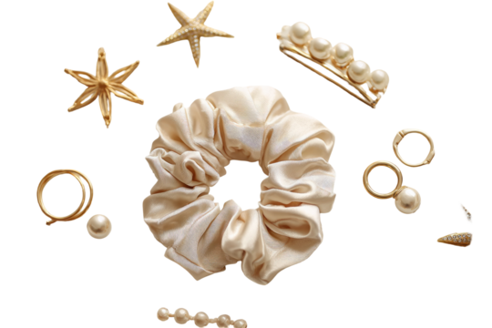 Cream-colored silk hair tie and gold jewelry accents, including starfish and pearls, arranged on a black background