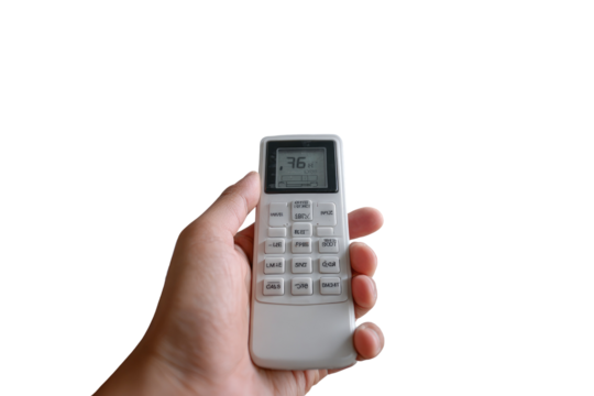 Hand holding a white and gray air conditioning remote control.  A digital display shows a temperature of 36 degrees