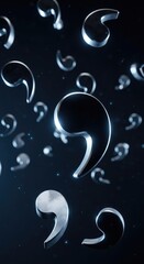 Numerous shiny silver comma punctuation marks drifting gracefully through a dark blue abstract space, highlighting grammar rules and clear written language communication for precision