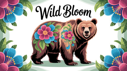 Bear with Swirling Flower Designs Psychedelic Vector