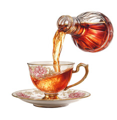 Tea being poured into a delicate cup.  A glass carafe pours amber liquid into a fine china teacup, ornate with floral patterns